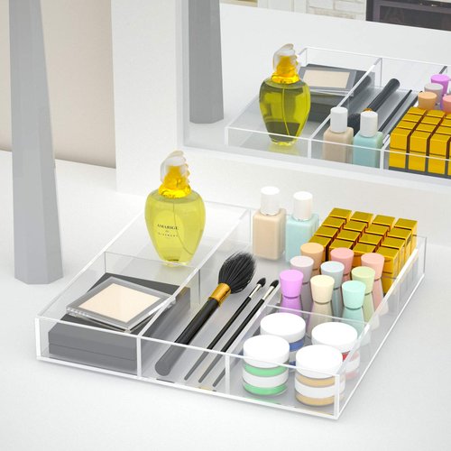 HIIMIEI Acrylic Drawer Organizer, 6 Section Clear Makeup Tray Organizer for Drawer Office Bedroom(11.8x11.8 inch)
