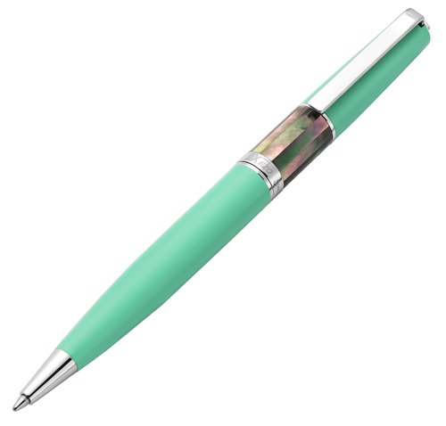 Xezo Speed Master Twist Action Medium Ballpoint Pen. Matte Aqua Green with Tahitian Black Mother of Pearl. Chrome Plated. Lightweight Brass Body. No Two Alike. Etched With a Serial Number