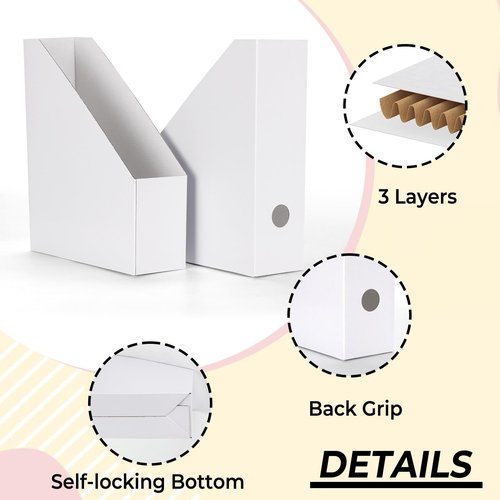 EXYGLO 12 Pack White Magazine File Holder, Cardboard Magazine Rack with Label, Foldable Storage Organizer Box for Book, Documents, 9.9x3.3x12 Inches
