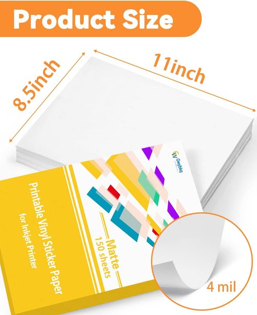 Gwybkq Premium Printable Vinyl - Waterproof Matte Sticker Paper for Inkjet Printers | 150 Sheets, 8.5”x11”