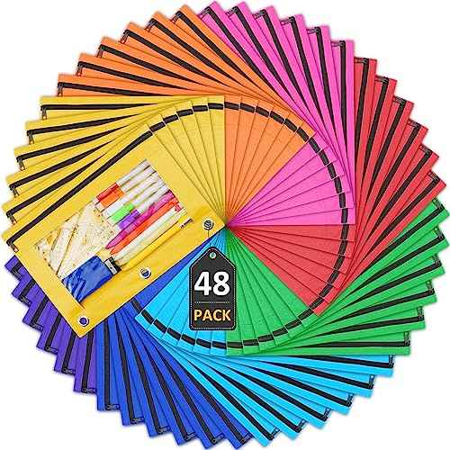 EAONE Pencil Pouch for 3 Ring Binder Set of 48, Zipper Binder Pouches Pencil Case Bulk for School Classroom Supplies/Student/Office/Home, 10 x 7.5 inch, 8 Colors
