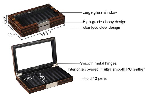 Lifomenz Co Wood Pen Box - 10 Slot Organizer With Glass Lid, Top Window Display Case for Collection Storage