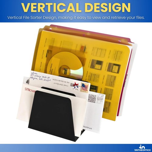 1InTheOffice Desktop File Organizer Vertical, Mail Organizer, 7 Compartments Office File Sorter, 4-3/4" H x 8-3/4" W x 5-1/2" D, Plastic, Black 2 Pack