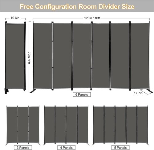 MAYOLIAH 6-Panel Folding Privacy Screen - 9ft Wide, 6ft Tall Room Divider | Portable Grey Partition