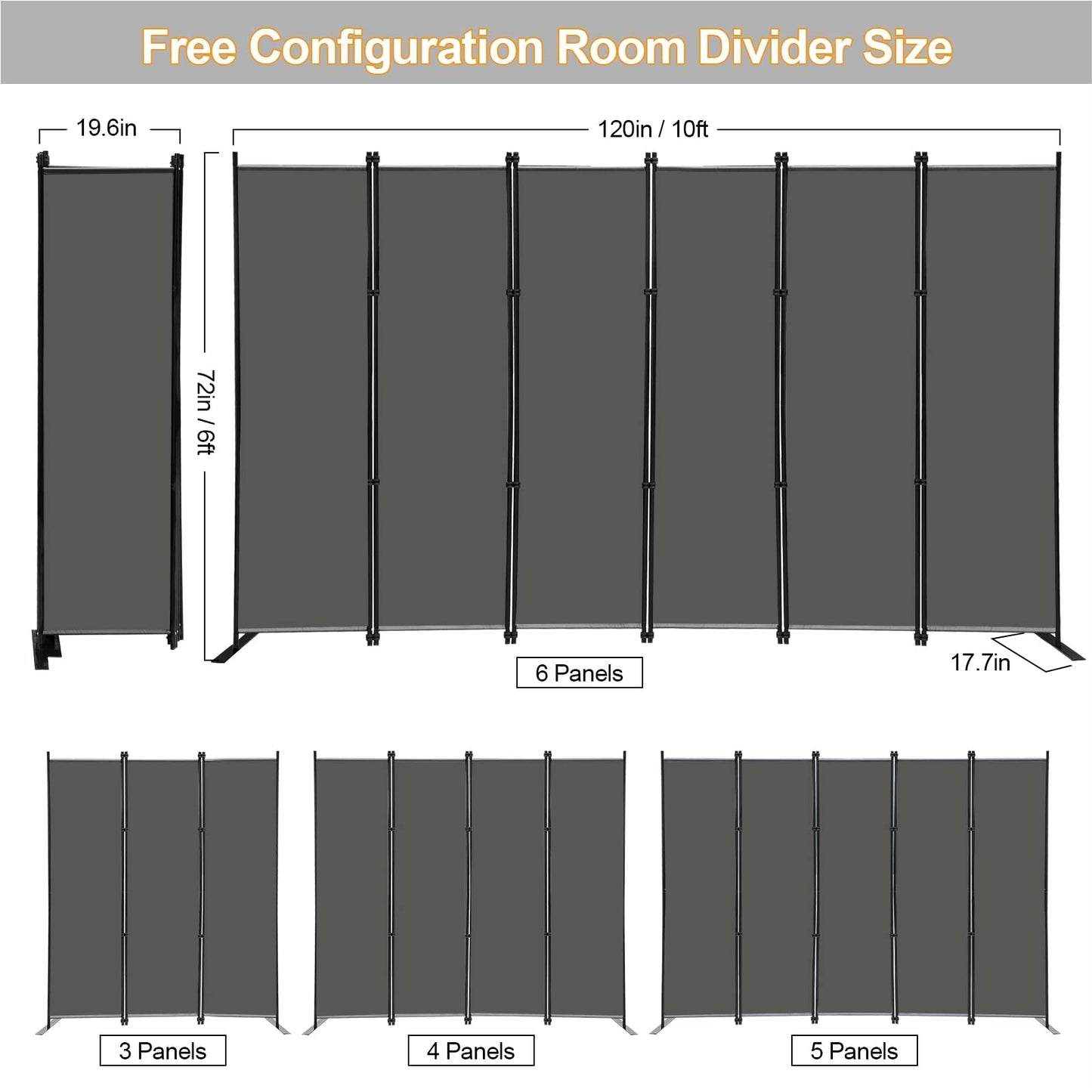 MAYOLIAH 6 Panel Folding Privacy Screen 9ft Wide, 6ft Tall Partition Room Divider Portable Office Walls Dividers Room Separator, Grey