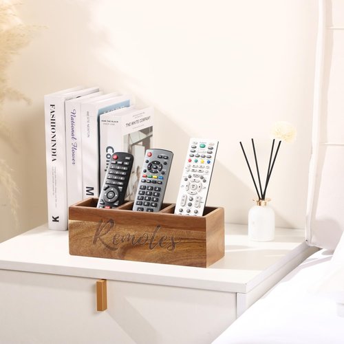 COOLEX Remote Control Holder, Acacia Wooden Pencil Holder TV Remote Holder with 3 Compartments, Remote Caddy for Table, Small Desktop Organizer for Home Office