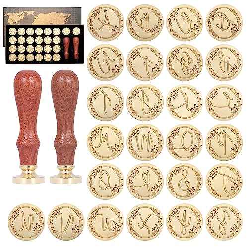 Yoption 26 Letters A-Z Initial Alphabet Wax Seal Stamp Kit, Vintage Handwritten Letter Sealing Wax Stamp with 2pcs Wooden Handles (A-Z)