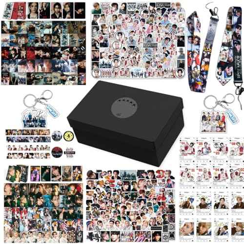 5 Star Album Merch Gift Box Set including 110 PCS Photocards, 16pcs Transparent Cards, 180pcs Laptop Stickers, Keychain, Lanyards and Tape Rolls, Gift for SKZ Fans