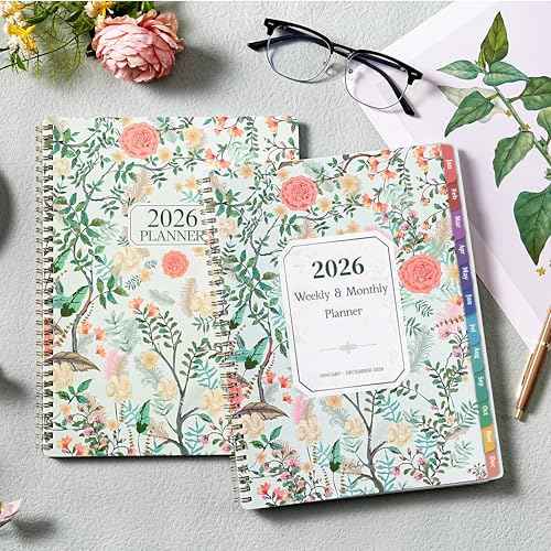 2026 Planner - Planner 2026, 9" x 11", Jan. 2026 - Dec. 2026, 2026 Planner Weekly and Monthly with Colorful Tabs, Strong Twin-wire Binding, Back Pocket - Floral