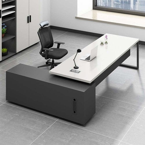 White Manager Office L-Shaped Desk Simple Modern President Desk Large Steel Wood boss Supervisor and Chair Combination (Right Cabinet, 180cm*160cm*75cm)