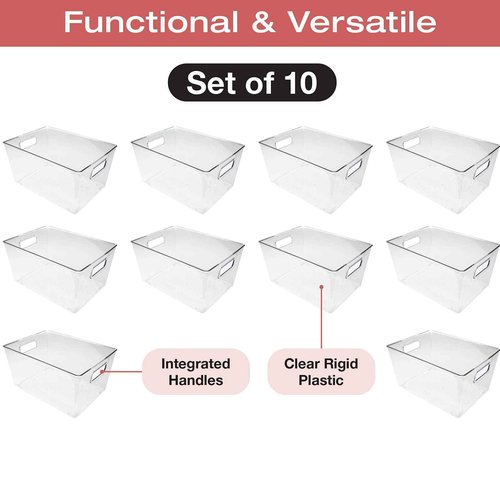 EXCELLO GLOBAL PRODUCTS 11.6" x 8.2" x 6.10" Rigid Plastic Clear Storage Bins for organizing and storing household goods, food, or Office supplies (Pack of 10)