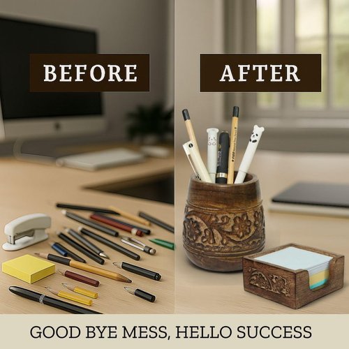 Mie Creations Set of 2 Pen Holder and Sticky Note Holder for Office Desk Organizer, Wooden Desktop Accessories Decor, Handmade Floral Rustic Pencil Stand & Post it Note Dispenser, Aesthetic Stationery