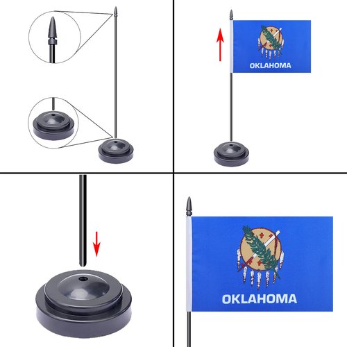 WXTWK 2 Pack USA Oklahoma Flag Oklahoma State Desk Flag Set - Mini Small Oklahoma Table Office Flags with Black 12" Solid Pole Stand Base Classroom Meeting Desktop Decorations