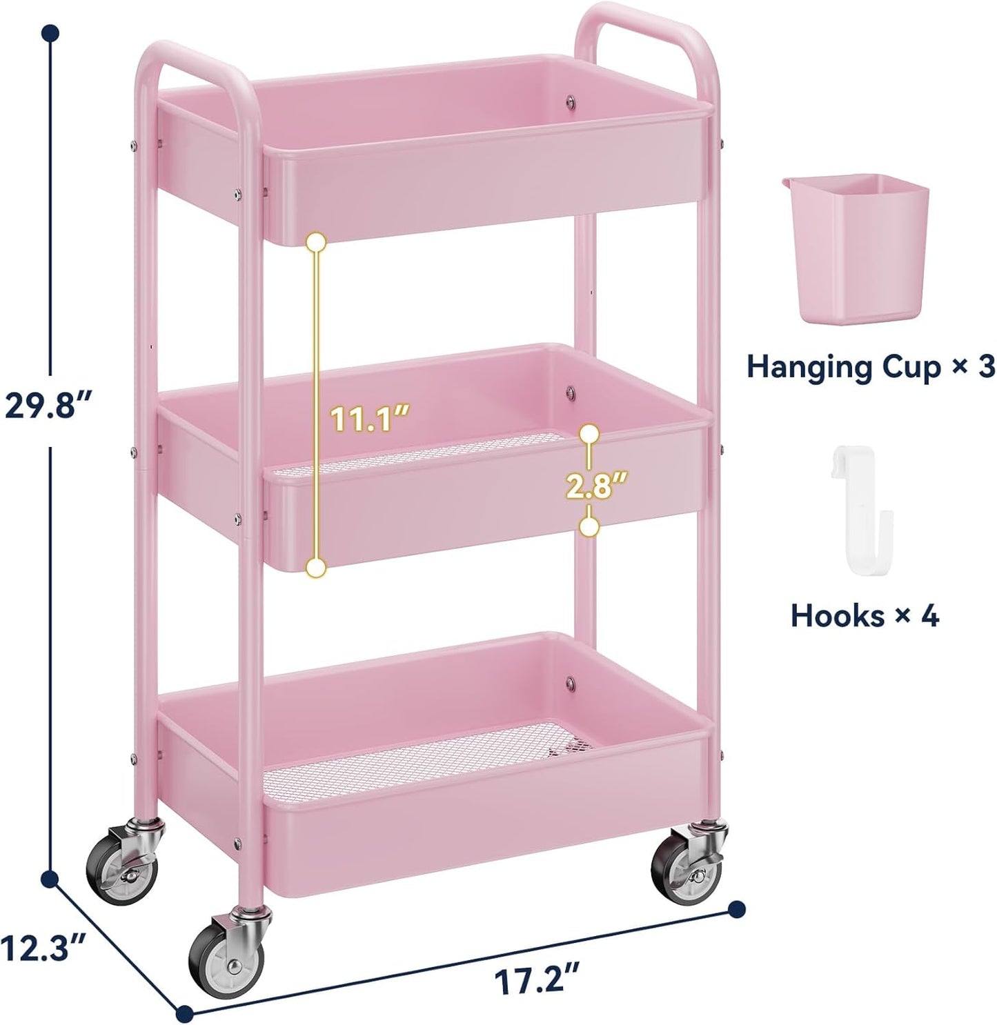 YASONIC 3-Tier Metal Rolling Cart - Heavy Duty Utility Cart with Lockable Wheels & Hooks | Pink