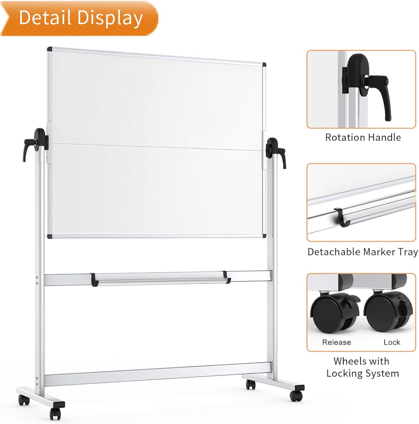 VIZ-PRO Double-Sided Mobile Whiteboard - 48 x 36 Inches Magnetic Dry Erase Board on Wheels