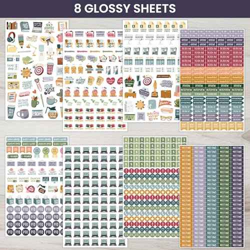 bloom daily planners Workday Essentials Planner Stickers - Productivity Variety Pack for Business Professionals - 8 Sheets / 802 Stickers - Meetings, Deadlines, Payday Icons for Work & Office