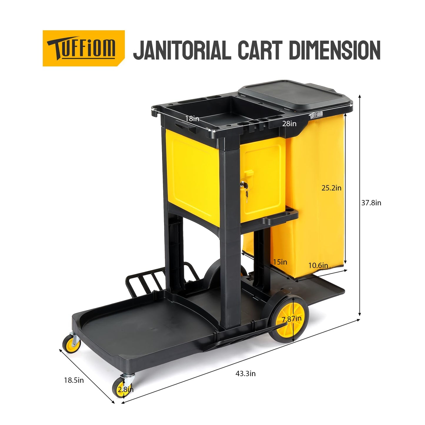 TUFFIOM Janitorial Cart with Key-Locking Cabinet, 3-Shelf Commercial Cleaning Cart, Housekeeping Caddy with Locker,Wheeled with Yellow Vinyl Bag, Black, Great for Hotel, Stores, Schools, and Business