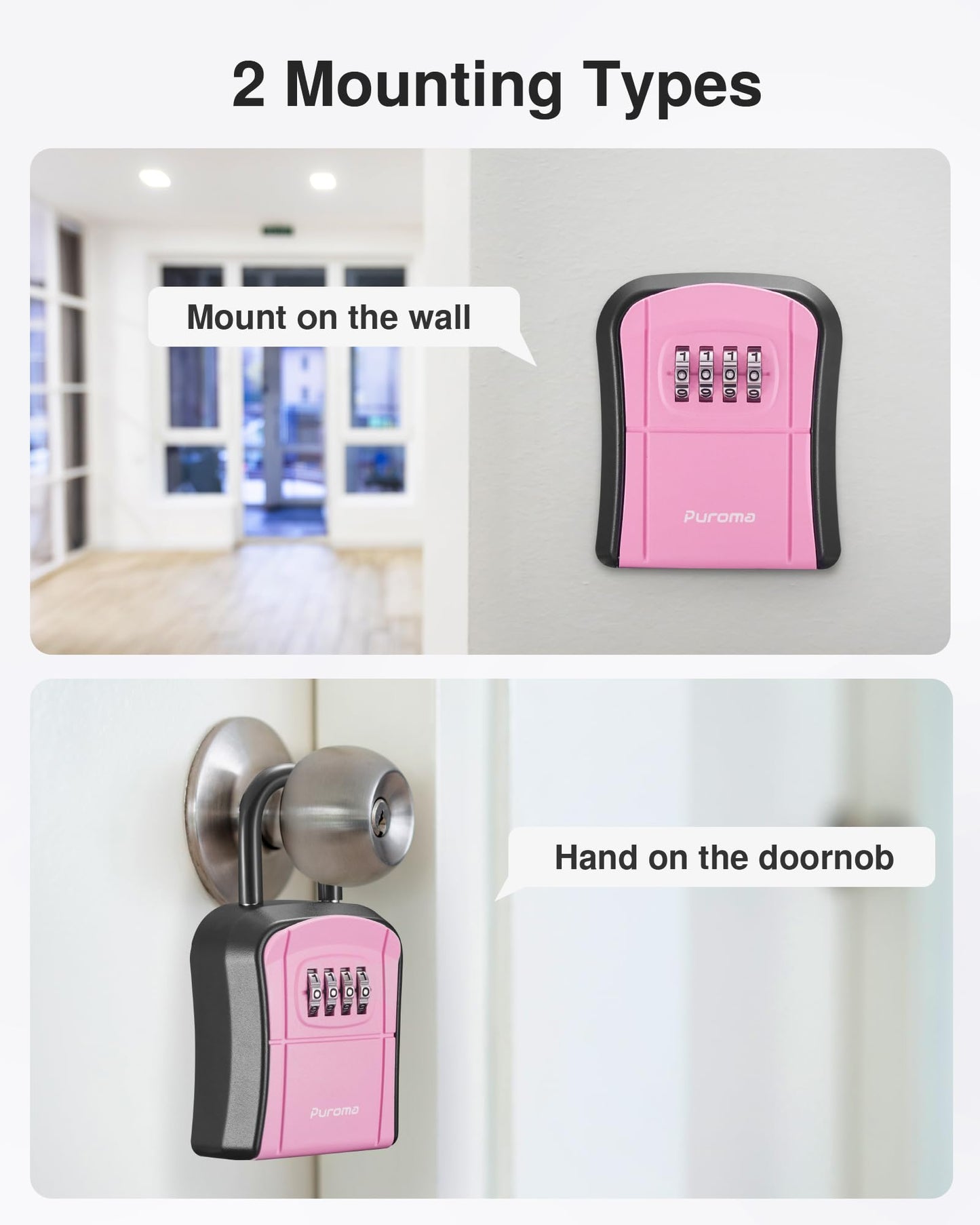 Puroma Key Lock Box, Portable Combination Lockbox Wall-Mounted Key Storage Box for House Keys, Resettable Code Safe Security Lock Box for Home, Office, Apartment Spare Key Storage (1 Pack, Pink)
