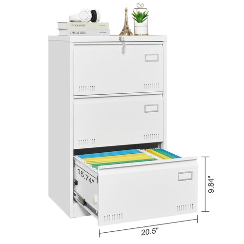 Jintop 3 Drawer Lateral File Cabinet with Lock and Card Holder, Multifunctional Metal Filing Cabinets w/Heavy 3 Section Slide Rail & Breathable Holes,for Legal/Letter/A4,White