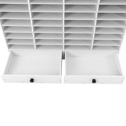 PERFERATE 32 Slots Literature Organizer Office Mailbox with Adjustable Shelves and 2 Drawers PVC Literature Storage Desktop File Sorter Cabinet Office Mailbox Classroom Keeper (White)