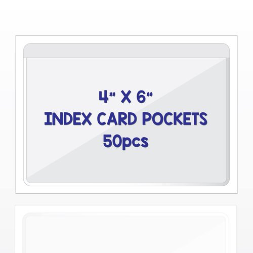 Clear Adhesive 4" x 6" Index Card Pockets with Top Open for Loading, 50 Pack, Plastic Labels Holders for Storage Bins and Library Card, Organizing and Protecting Your Index Cards or Photos