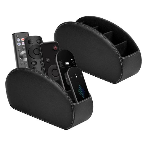 RETON 2 Pack Remote Control Holder with 5 Compartments, Black TV Remote Controller Caddy, PU Leather Desktop Remote Organizer Box for Media Nightstand Makeup Brush Office Supplies