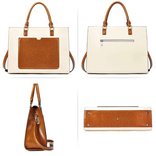BROMEN Womens Briefcase Leather 15.6 inch Laptop Shoulder Bag Business Tote Handbag Brown with Beige