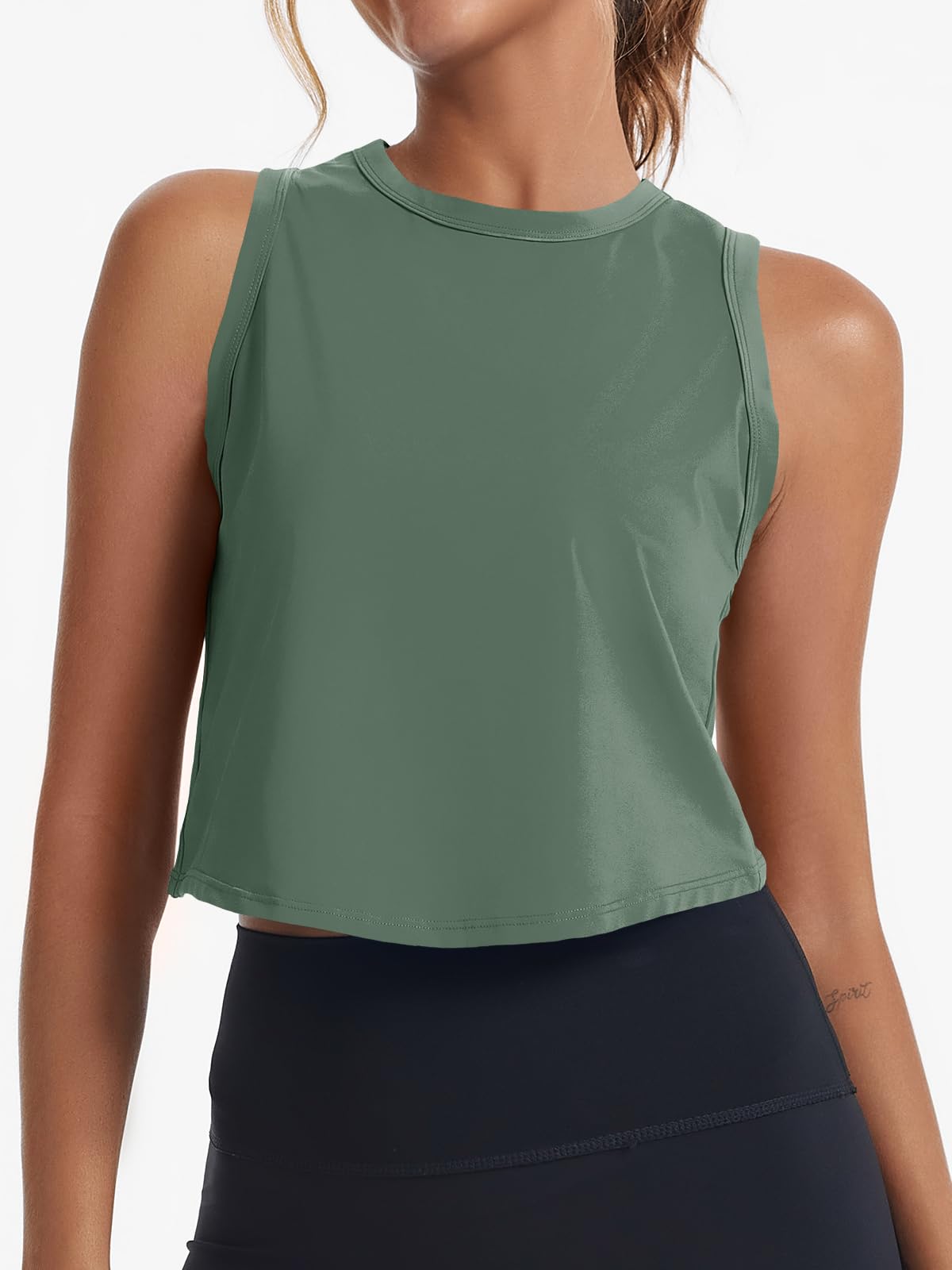 Fisoew Womens Workout Cropped Tank Tops Racerback Sleeveless Crewneck Running Yoga Active Shirts Army Green