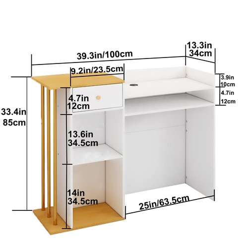 Reception Desk, Reception Counter with Drawers and Storage Shelves, 39 inch Retail Counter for Checkout with Cable Grommet, Suitable for Salons, Beauty, Clothing Stores,Thickened Wooden Board
