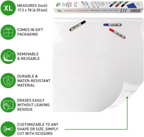 HA SHI Clear Adhesive Sheets Roll - 18" x 78" (6.5 Ft) | Includes 3 Dry Erase Markers & Bulletin Board Paper