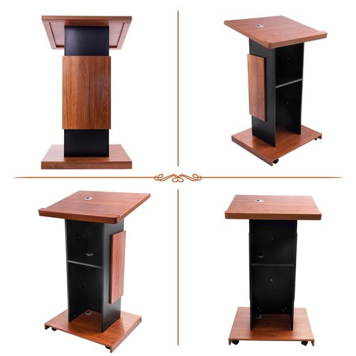 Vakiorn Wood Podium Stand with 4 Lockable Wheels，44.6“ Wooden Lectern with Storage，Wooden Standing Pulpit with Wire Hole for Church Office School Home Conference Restaurant Meeting Auditorium