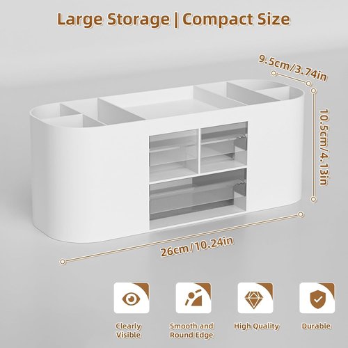 Marbrasse Desk Organizer - Multi-Functional Pen Holder with 3 Drawers & 7 Compartments | White