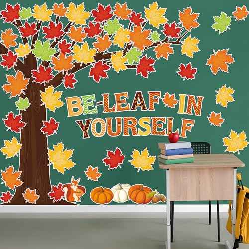 Fall Tree Classroom Bulletin Board Decorations Pumpkin Maple Leaves Bulletin Board Cutouts Be Leaf in Yourself Paper Cutout with Glue Points for Classroom School Chalkboard Home Wall Decor, 94 Pcs