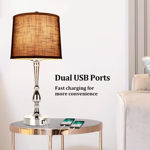 Dott Arts 24.8'' Modern Table Lamps - Set of 2 Bedside Lamps with USB Charging & Dimmable Touch Control | Silvery & Black