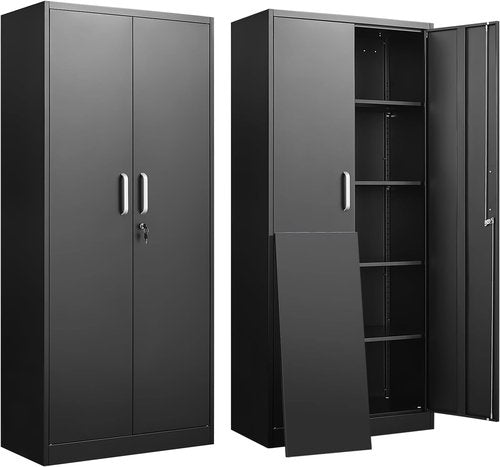 Guizeeopo Metal Garage Storage Cabinet - Adjustable Shelves & Doors | 71"H Matte Black Kitchen Pantry & File Cabinet