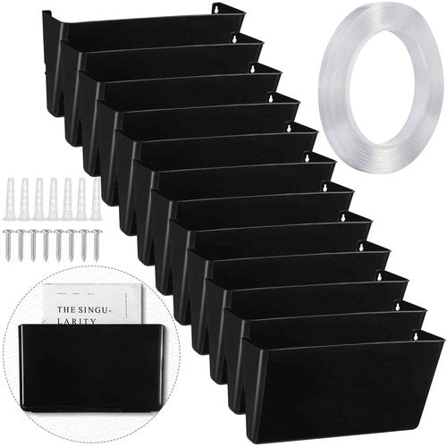 Tenceur 12 Pcs Plastic Single Pocket Wall Mount File Holder with Double Sided Adhesive Tape and Screws Wall File Hanging Folder Letter Paper Mail Organizer for Office Home Classroom(Black)