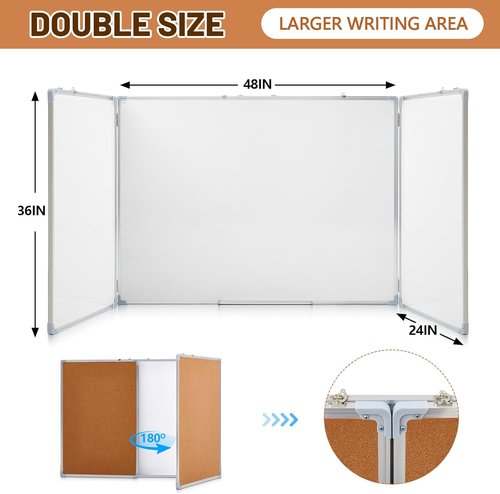 Mooliwe Tri-Fold Cork Board & Whiteboard Combo - 96"x36" Magnetic Dry Erase & Bulletin Board with Aluminum Frame for Home, Office, School