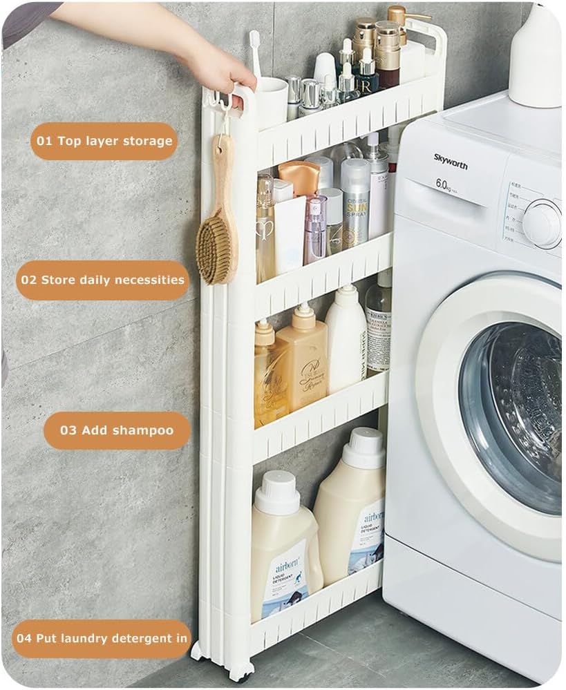 Skiennix Slim Storage Cart - Durable Rolling Bathroom Organizer with Slide-Out Design | Multi-Use Utility Rack