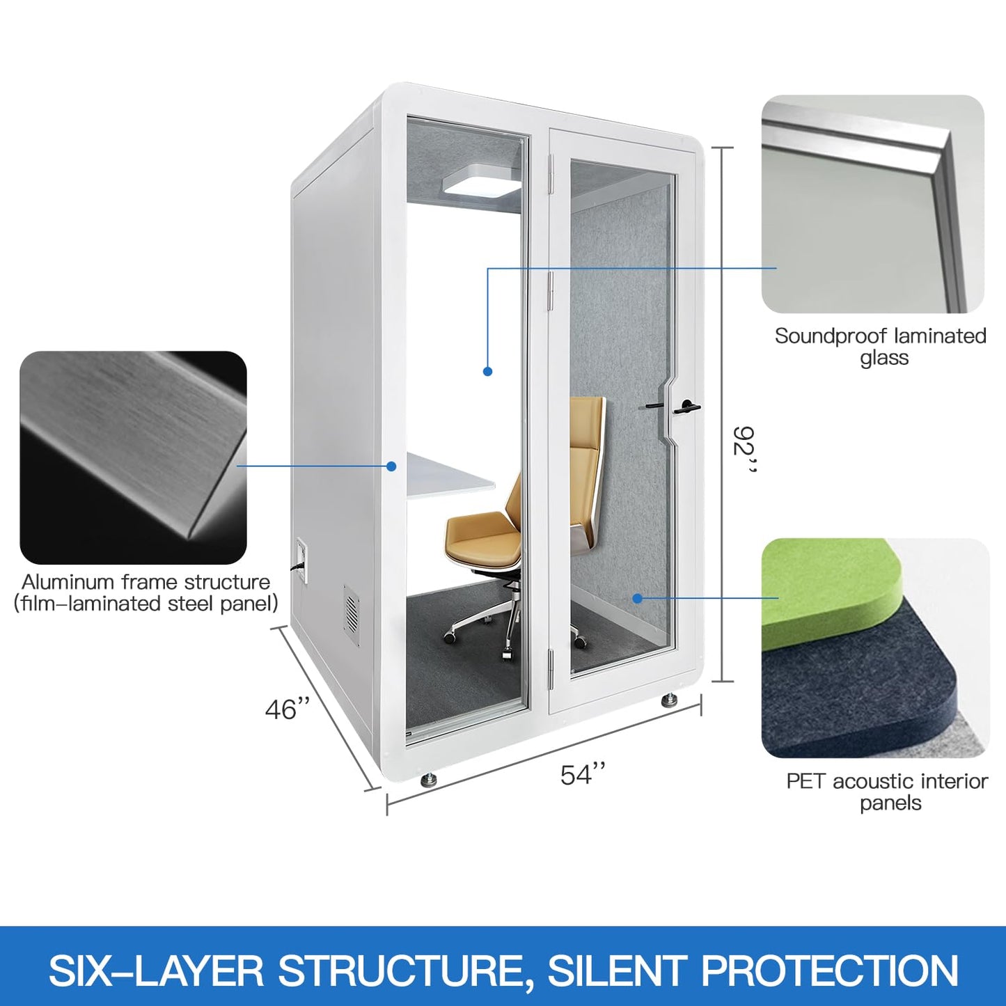 Soundproof Office Pod Booth, Quiet Meeting Pod with Acoustic Panels, Mobile Focus Room, Privacy Silent Booth for Private Phone Calling, 1-2 Person Workspace with Sound Isolation W55in D48in H92in