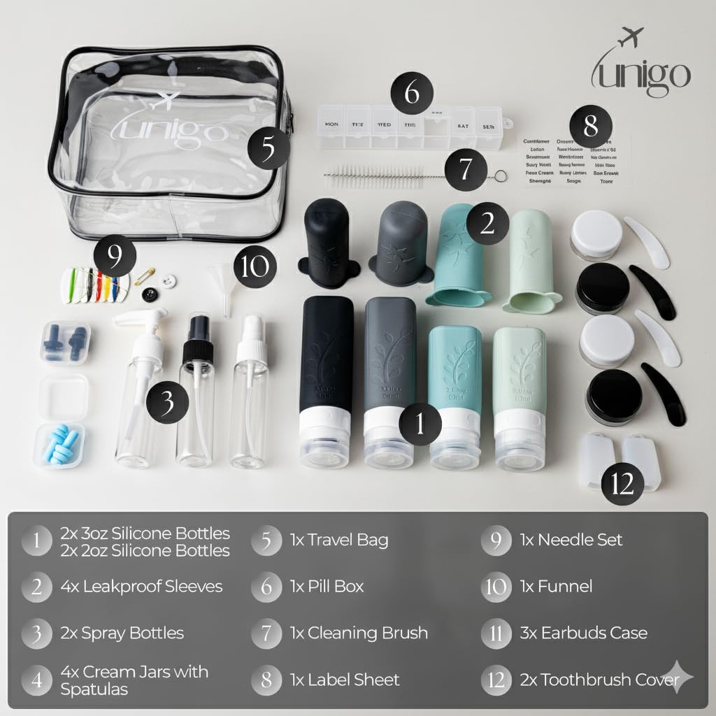 unigo 30 PACK Travel Bottles Set for Toiletries - Leakproof Refillable Travel Size Containers, TSA Approved Bottles with Labels, Brush & Covers for Carry-On Travel