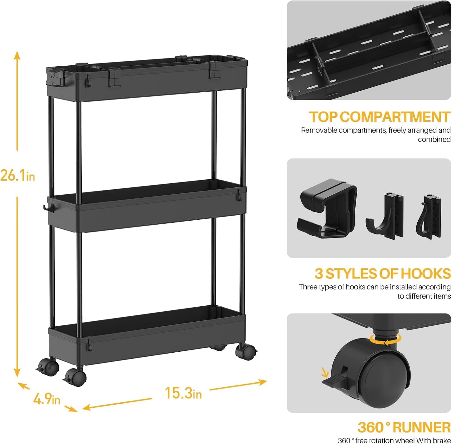 SPACELEAD Slim Storage Cart - 3-Tier Rolling Bathroom Organizer | Mobile Shelving Unit for Office, Kitchen & Laundry - Black