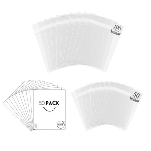 Golden State Art, Pack of 100 11 1/4 x 14 1/8 Clear Bags & 50 Pack 8x10 Inch White Backing Boards and Clear Bags