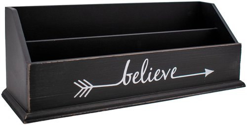 Rustic Wooden Office Desk Organizer & Mail Rack with Distressed Wood Finish 12" X 4" X 5" (Black (Believe))