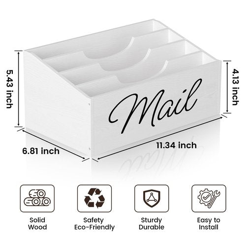 Vecxoty Wooden Mail Organizer Countertop Mail Holder for Desk with 4 Slots,Rustic Mail Basket for Counter with Anti-Slip Pad Mail Sorter Letter Holder Box for Desk Home Office（White）
