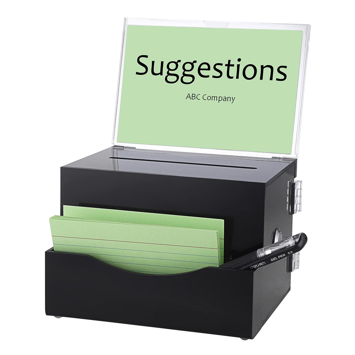 BTSKY Acrylic Suggestion Box with Lock, Acrylic Donation Box with Sign Holder, Tip Box with Pocket Collection Boxes for Voting Locking Mailbox, Suggestion Box with Removable Sign Slot (Black)