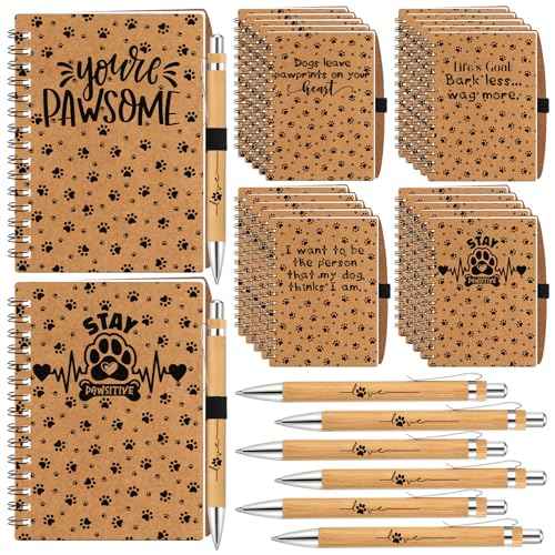 Eaasty 30 Set Vet Tech Christmas Appreciation Gifts Bulk Veterinary Technician Spiral Notebooks with Cute Paw Ballpoint Pen Accessories for Veterinary Receptionist Assistant Gift(Brown)
