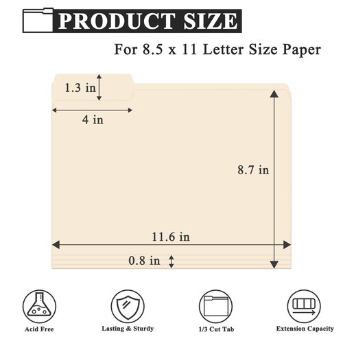 Manila Folders 8.5 x 11 | 1/3 Cut File Folders Letter Size | Manilla File Folders 8.5 x 11 Pack of 100 | Paper Folders for Documents, Business, School, Classroom and Office Supplies.