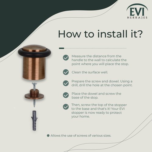 EVI Hardware | Door Stop | Threaded Base | Natural Silicone Rubber | Brass | Includes Screw + Fixing Plug | Mod. I-108 (Leather Brass - Black Rubber, 0,94x1,38¨)
