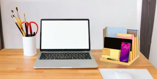 JLSTORE Bamboo File Organizer for Desk - Wood Desktop Organizer with 4 Slots & Tray for Filing Letters, Office Accessories, Pen/Tablet/Sticky Notes.