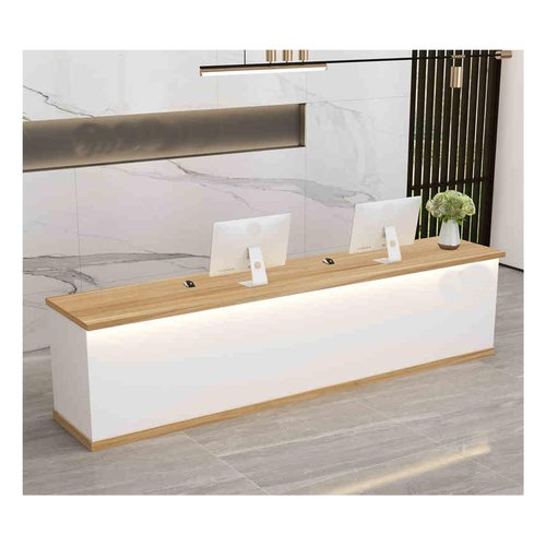 HOFUNTRE Office Reception Counter，Modern Reception Desk，Desk Receptionist ，Applicable to Various Scenes, Stable Structure, Versatile Space Style, LED Light Strip Embellishment(White and Wood,140cm)